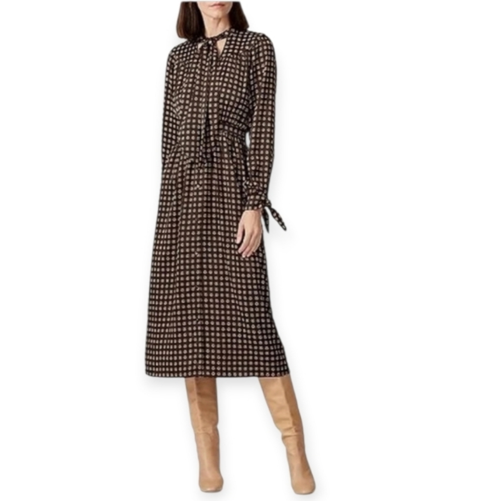 Sweet Baby Jamie Tie Neck Dress BlackBrown Retro Patterned ButtonDown Front Maxi